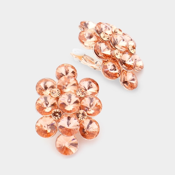 Peach Bubble Stone Cluster 1.8 Inch Crystal Clip On Earrings Jewelry Stud - Picture 1 of 2
